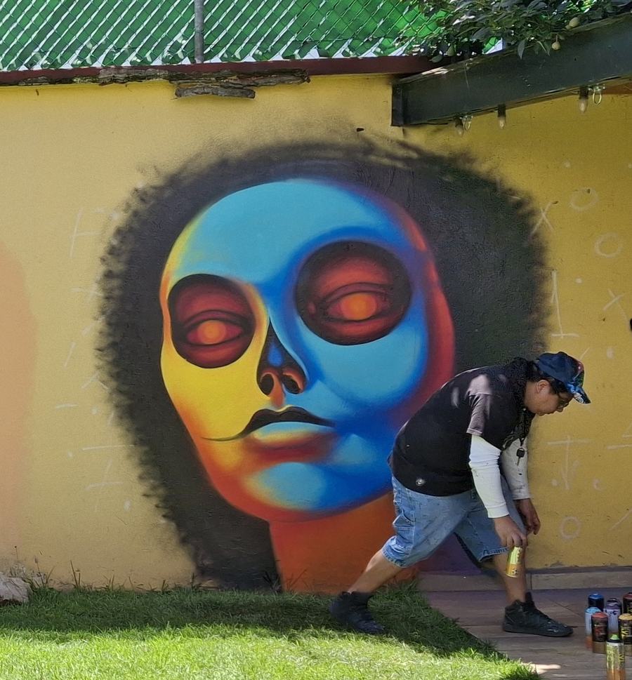 Rostro multicolor pintado junto al mural del panda.