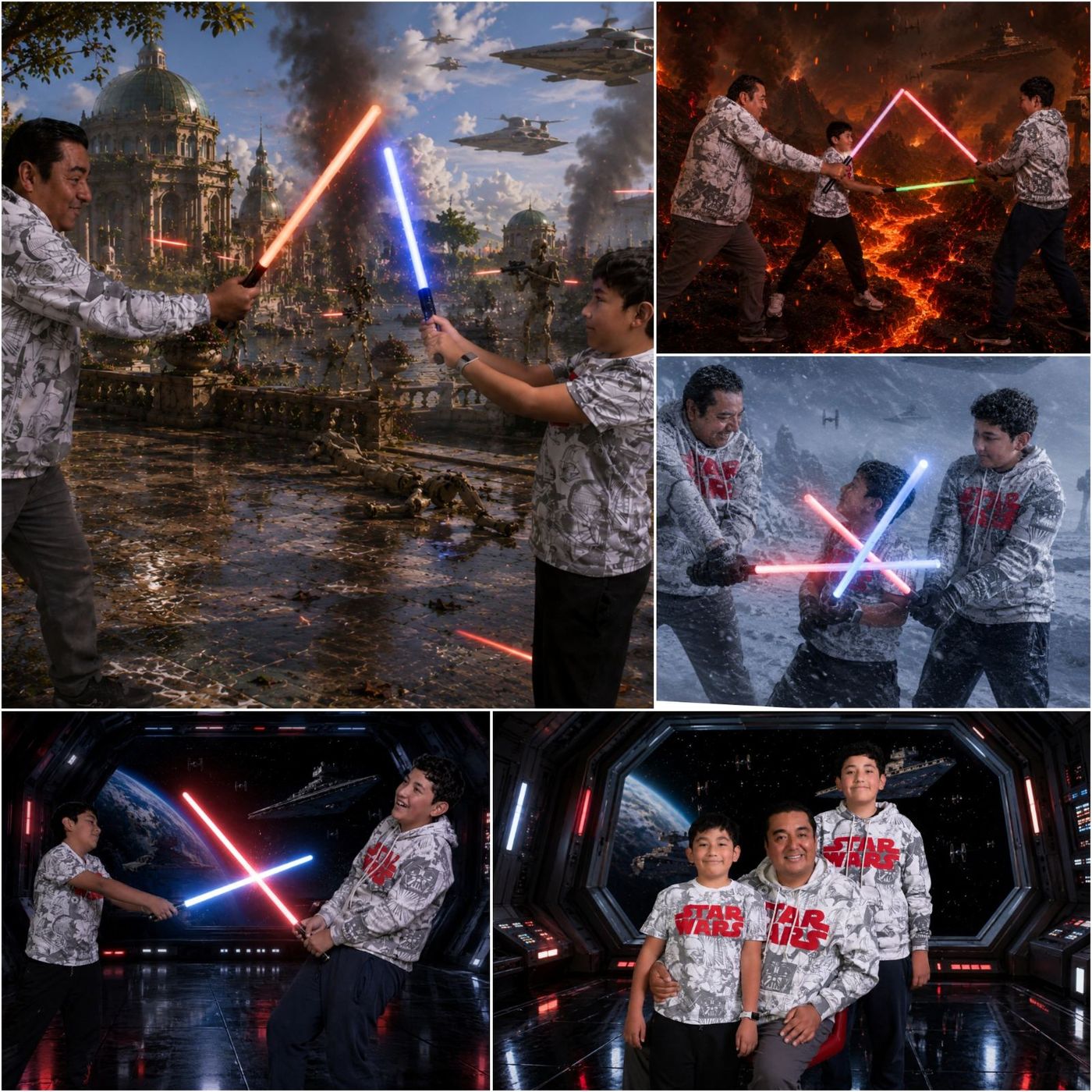 Collage de fotomontajes con temática de Star Wars de un papá y sus dos hijos usando sables de luz en distintos escenarios.
