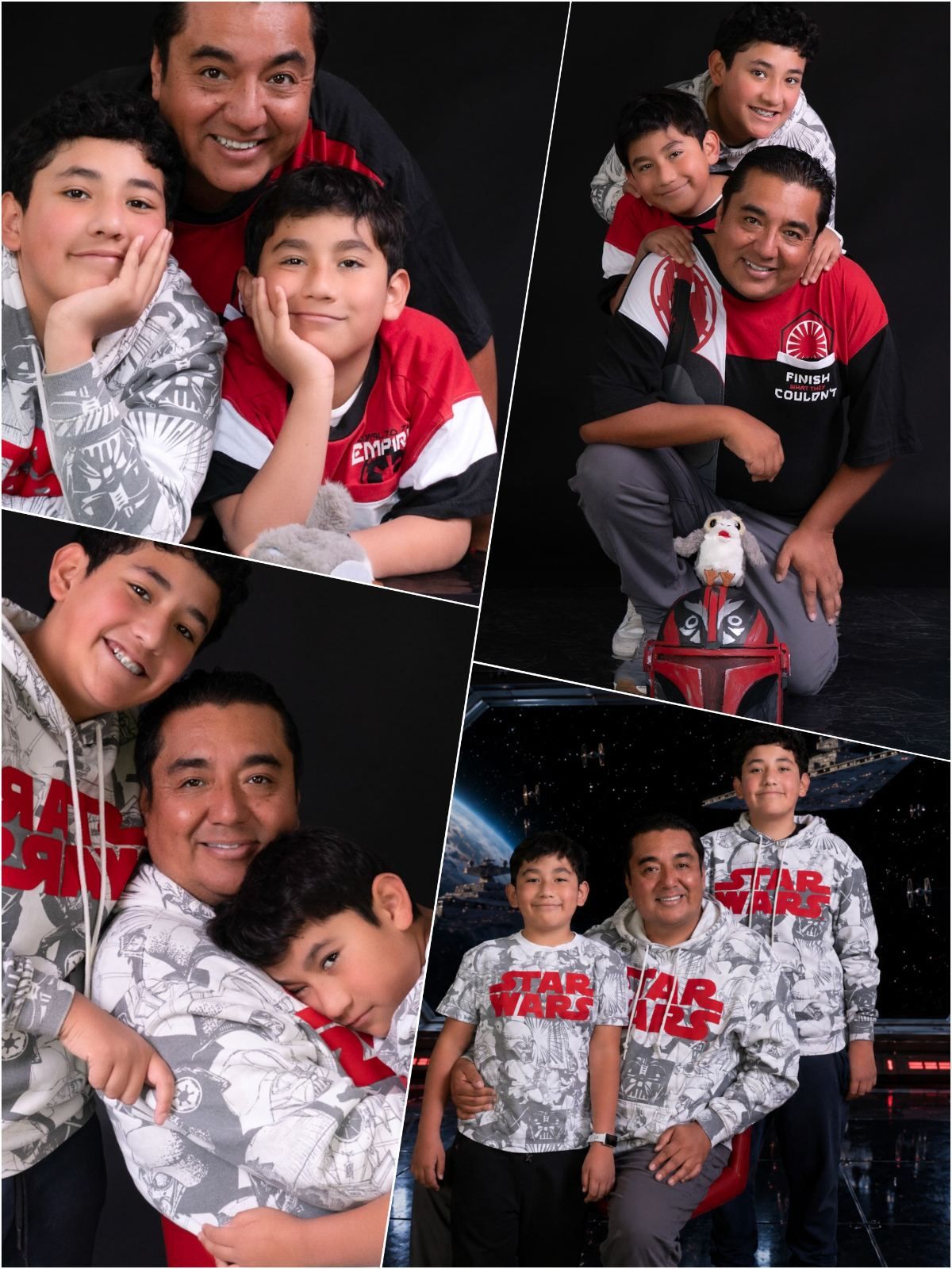 Collage de fotos de estudio de un papá con sus dos hijos con playeras y sudaderas de Star Wars.