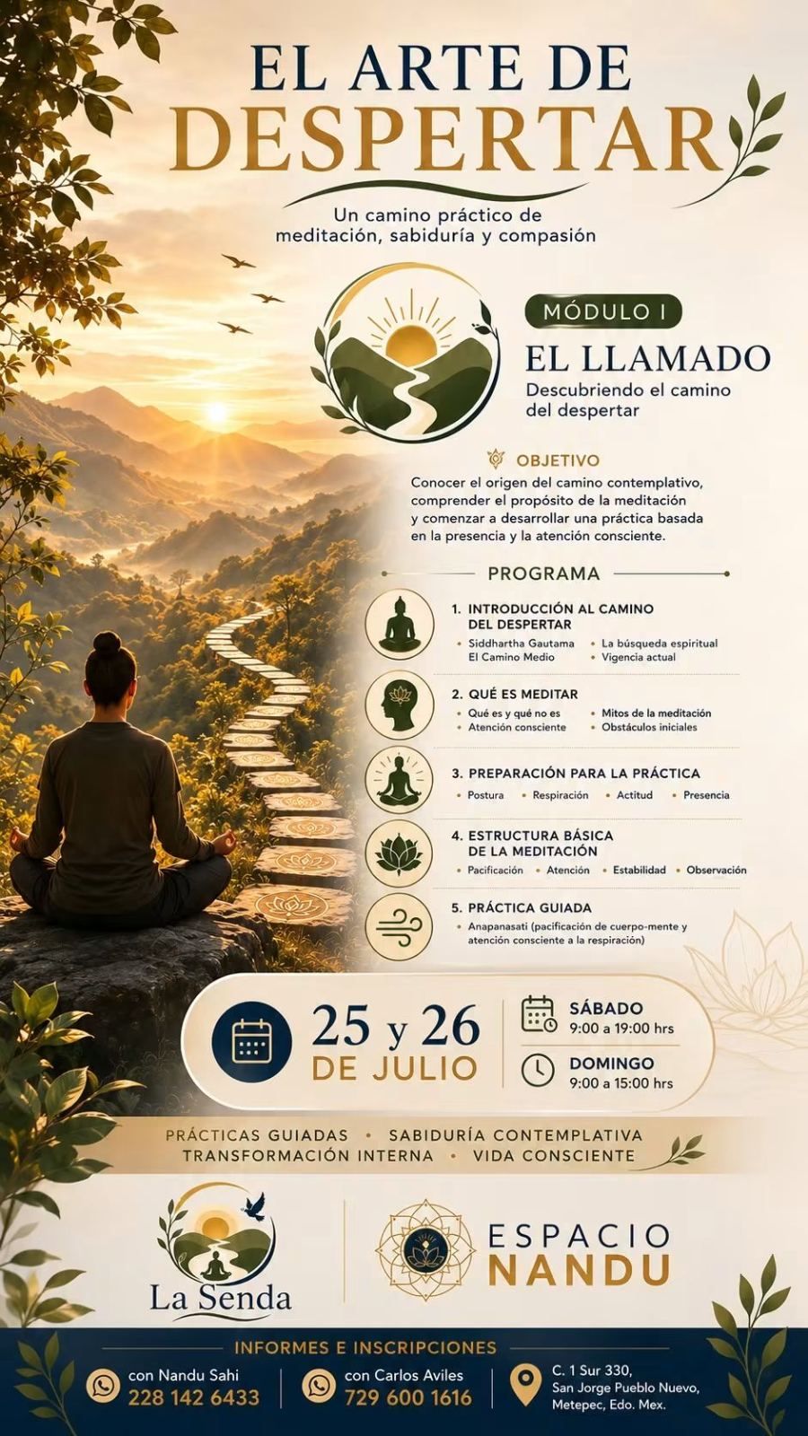 Flyer de El Arte de Despertar, Módulo I: El Llamado, con el maestro Nandu Sahi de Espacio Nandu, 25 y 26 de julio en Canvas 90.